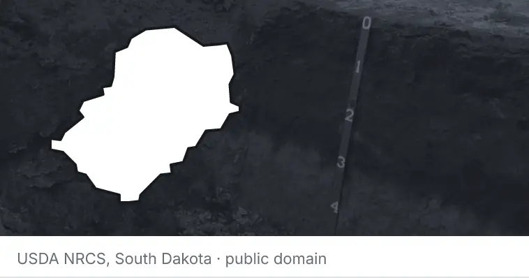 A soil profile in an open pit, under the outline of Jefferson County. The source names South Dakota.