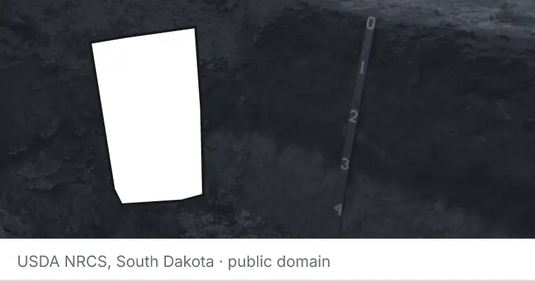 A soil profile in an open pit, under the outline of Orange County. The source names South Dakota.