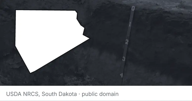 A soil profile in an open pit, under the outline of Ellis County. The source names South Dakota.