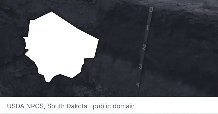 A soil profile in an open pit, under the outline of Fort Bend County. The source names South Dakota.