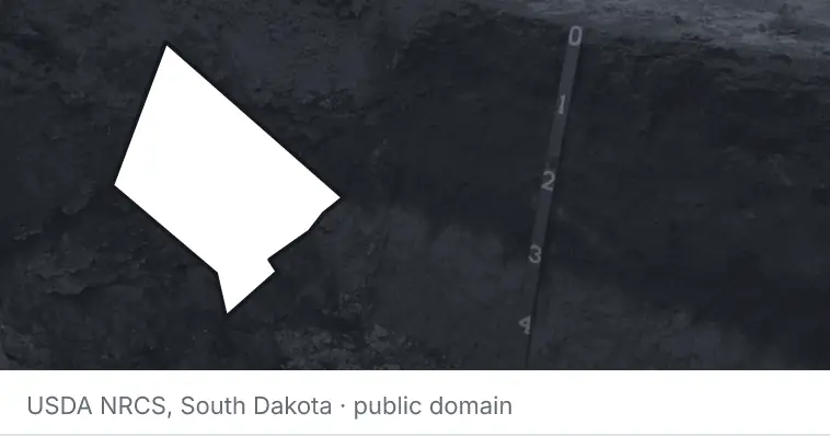 A soil profile in an open pit, under the outline of Hays County. The source names South Dakota.