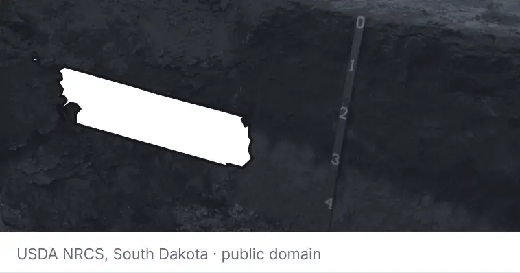 A soil profile in an open pit, under the outline of Whatcom County. The source names South Dakota.